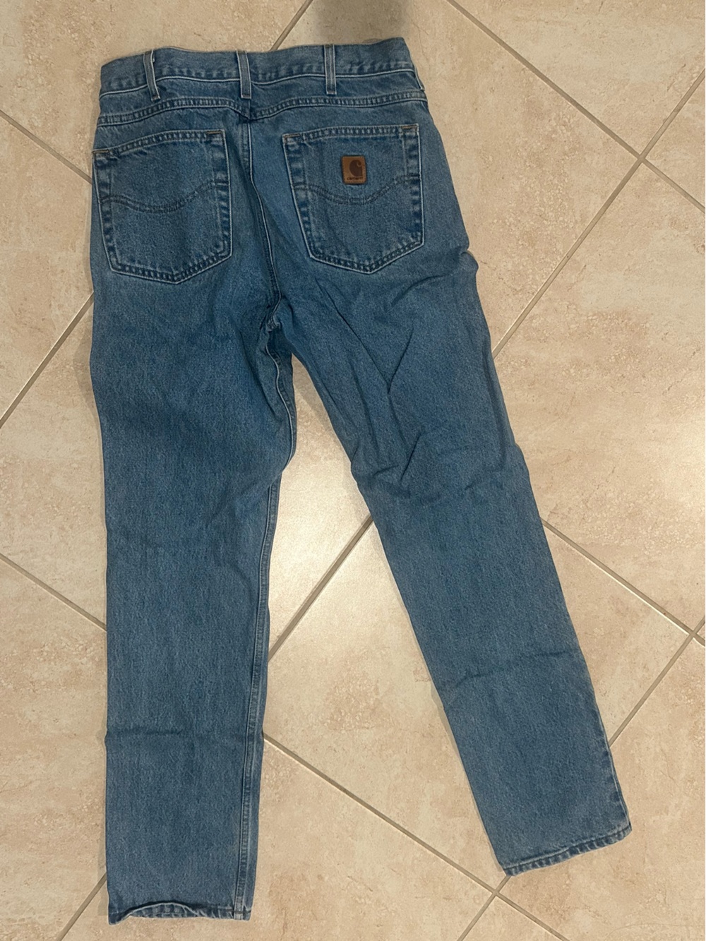 Carhartt Light Blue Denim Overalls with Brown Leather Logo - Picture 4 of 4